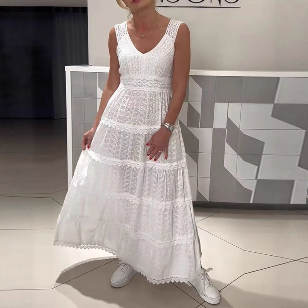 Womens Sleeveless Lace Panel Dress Solid Color V Neck Elegant Design Autumn Fashion for Parties and Events OEM