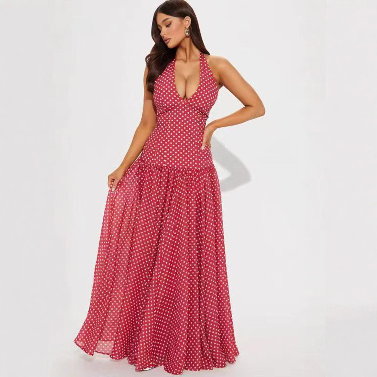 Polka Dot Watermark Backless Dress Slim Fit Halter Neck Elegant Style Summer Collection Wholesale Available