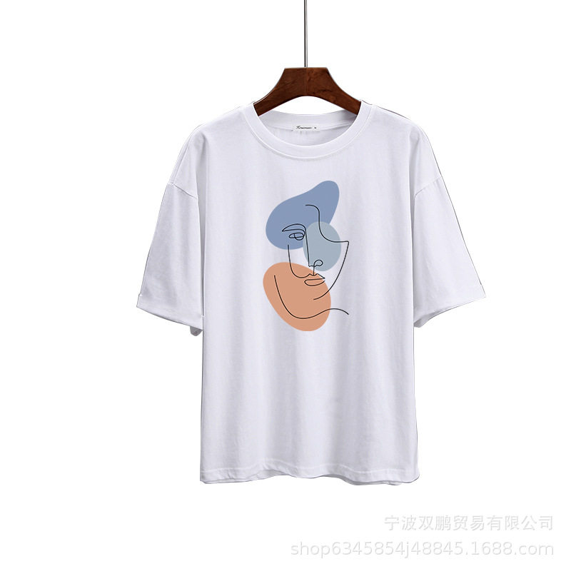 Abstract Aesthetic Printed T Shirt for Women Soft Cotton Loose Fit Basic Style Summer Casual Wear Wholesale
