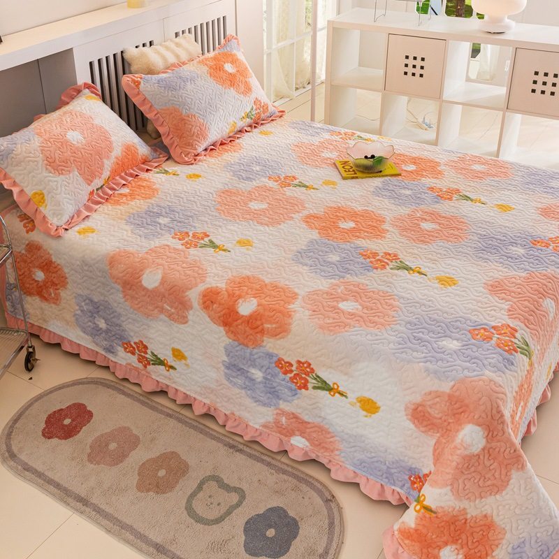 New Winter Milk Velvet Quilted Bed Cover Single Piece Coral Velvet Tatami Thickeneded Anti-Slip Double Bed Bed Sheets Three-Piece Set