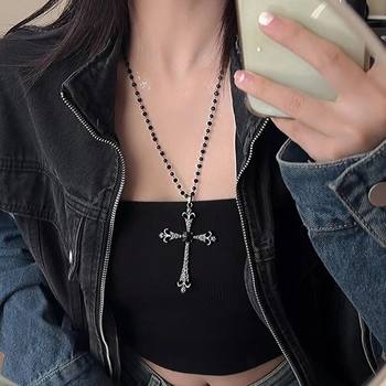 Retro Dark Cross Necklace Women's Subculture Gothic Style Long Diamond Sweater Chain Niche Sweet and Cool Clavicle Chain