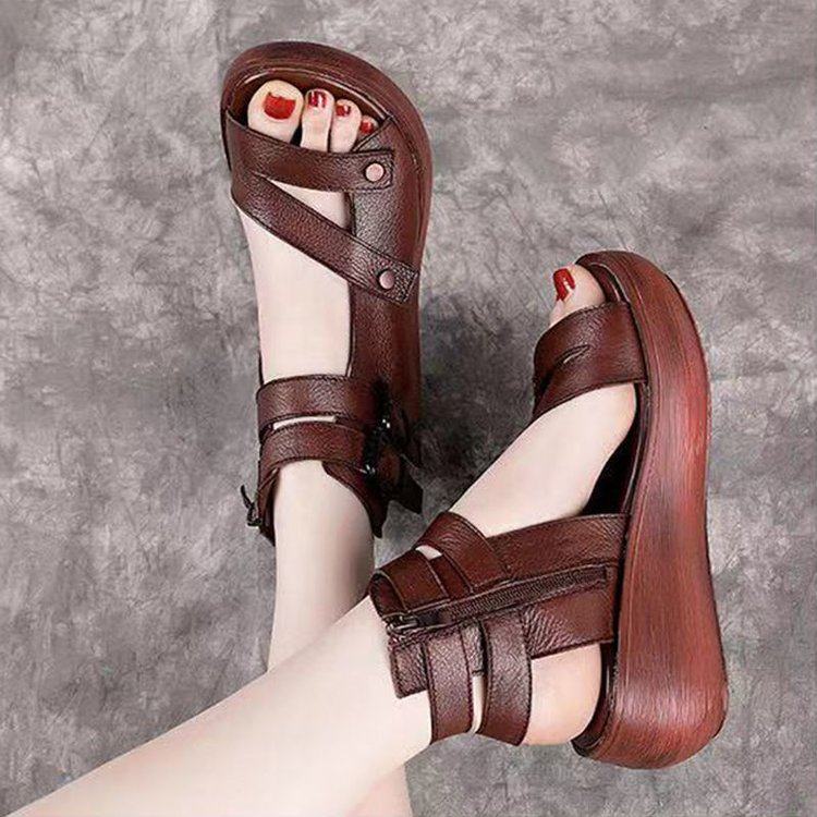 High Heel Fashion Women's Shoes 2025 Summer New Style Roman Shoes Women's High-top Soft Leather Wedge Sandals Women's Thick Sole Sandals