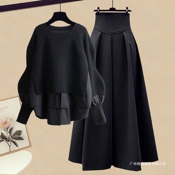 Plus Size Women's Autumn and Winter Suit Women's 2025 New Fashion Splicing Fake Two-Piece Tops Slimming Look Skirt Two-Piece Set
