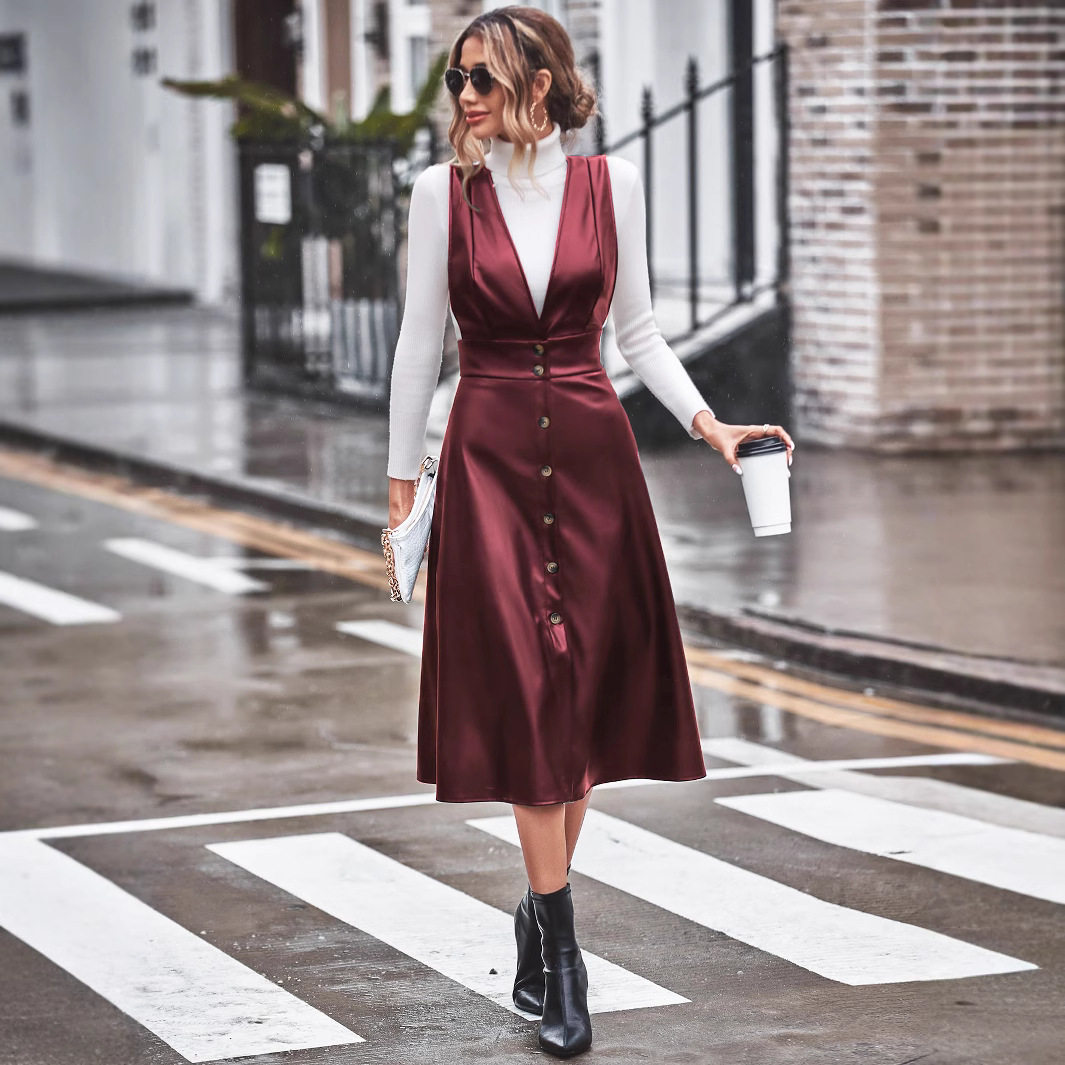PU Strap Dress Solid Color Minimalist Design Versatile Style Perfect for Casual Wear Wholesale Available