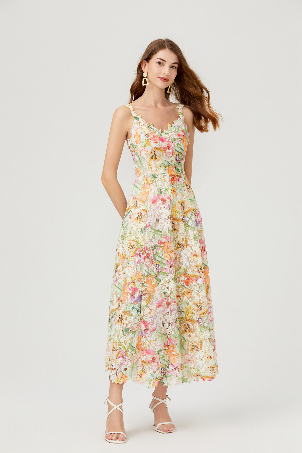 French Inspired Summer Dress Colorful 3D Floral Embroidery Hollow Out Design Lace Fabric Perfect for Casual Outings