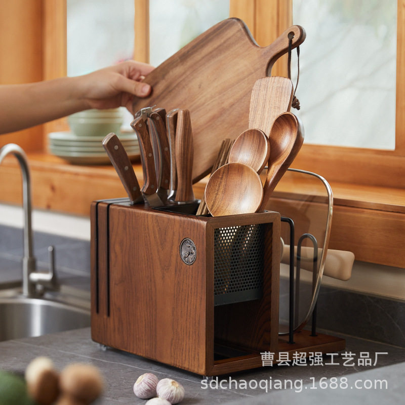 Wooden Kitchen Supplies Storage Rack Separated Kitchen Knife Draining Knife and Fork Spoon Chopsticks Holder Multifunctional Pot Cover Chopping Board Rack