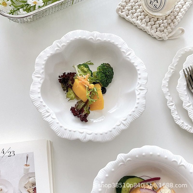 Ins French Embossed Lace Special-Shaped Salad Bowl Pure White Ceramic Soup Bowl High-End Western Restaurant Vegetable and Fruit Bowl