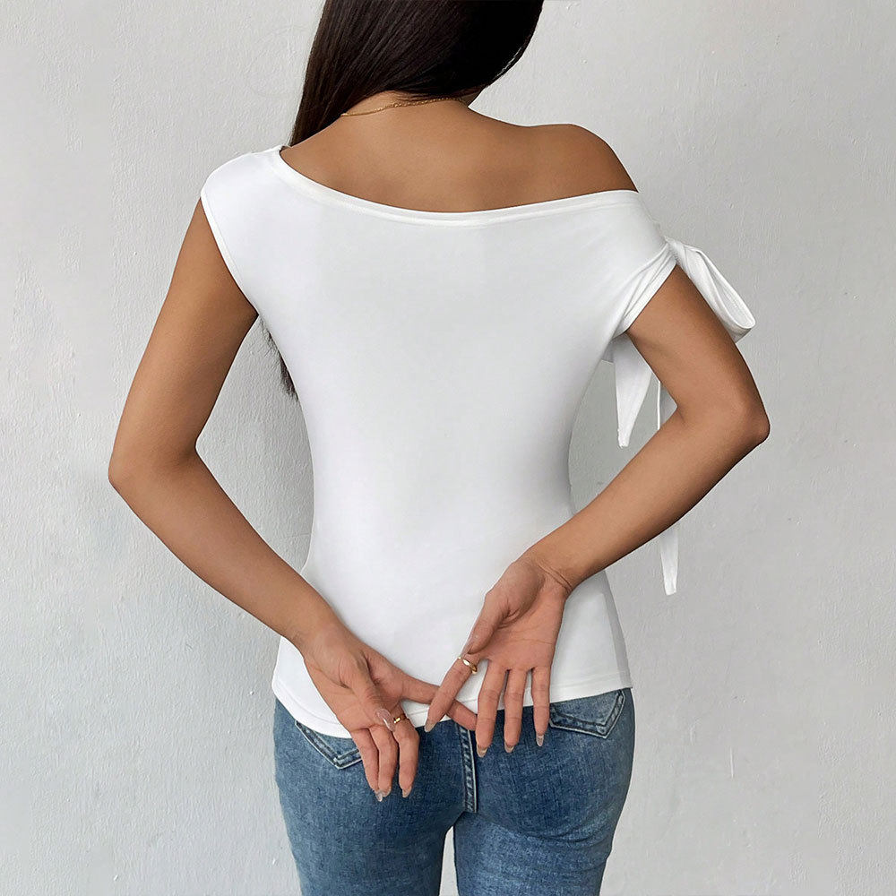 Womens Off Shoulder T Shirt Sexy Asymmetrical Neckline Short Length Unique Design Spring Summer Fashion Wholesale