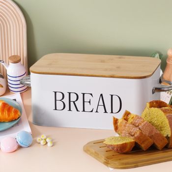 Bamboo Lid Bread Box Household Square Metal Baking Bread Box Iron Storage Box Kitchen Food Storage Box