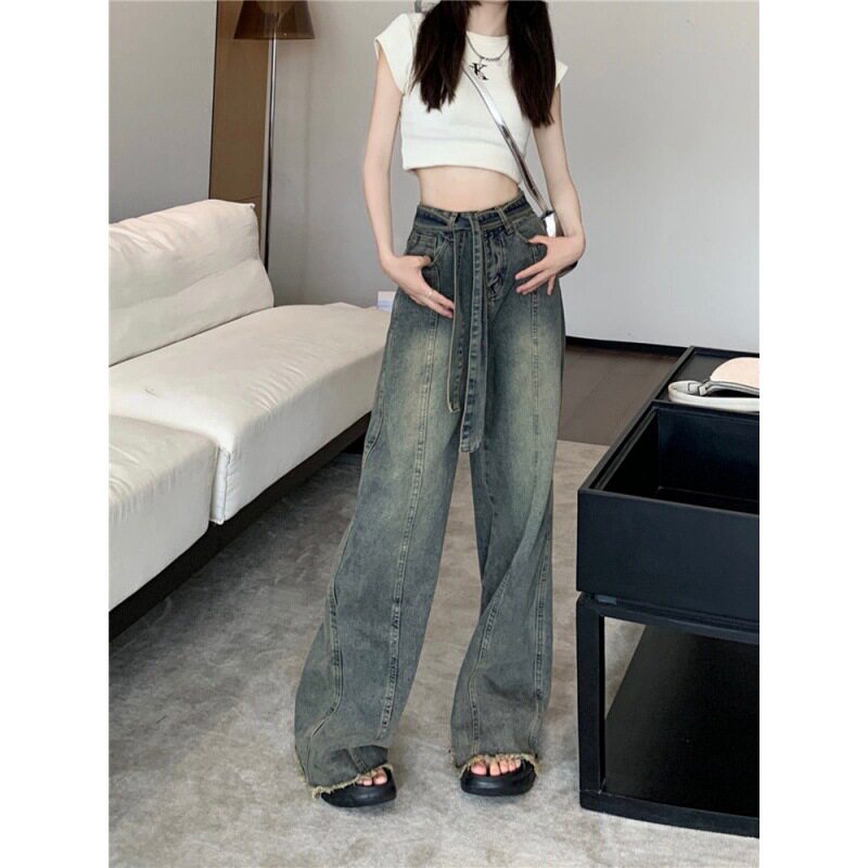 High Waisted Wide Leg Denim Pants for Women Vintage Style Frayed Hem Loose Fit Summer Fashion Wholesale Available