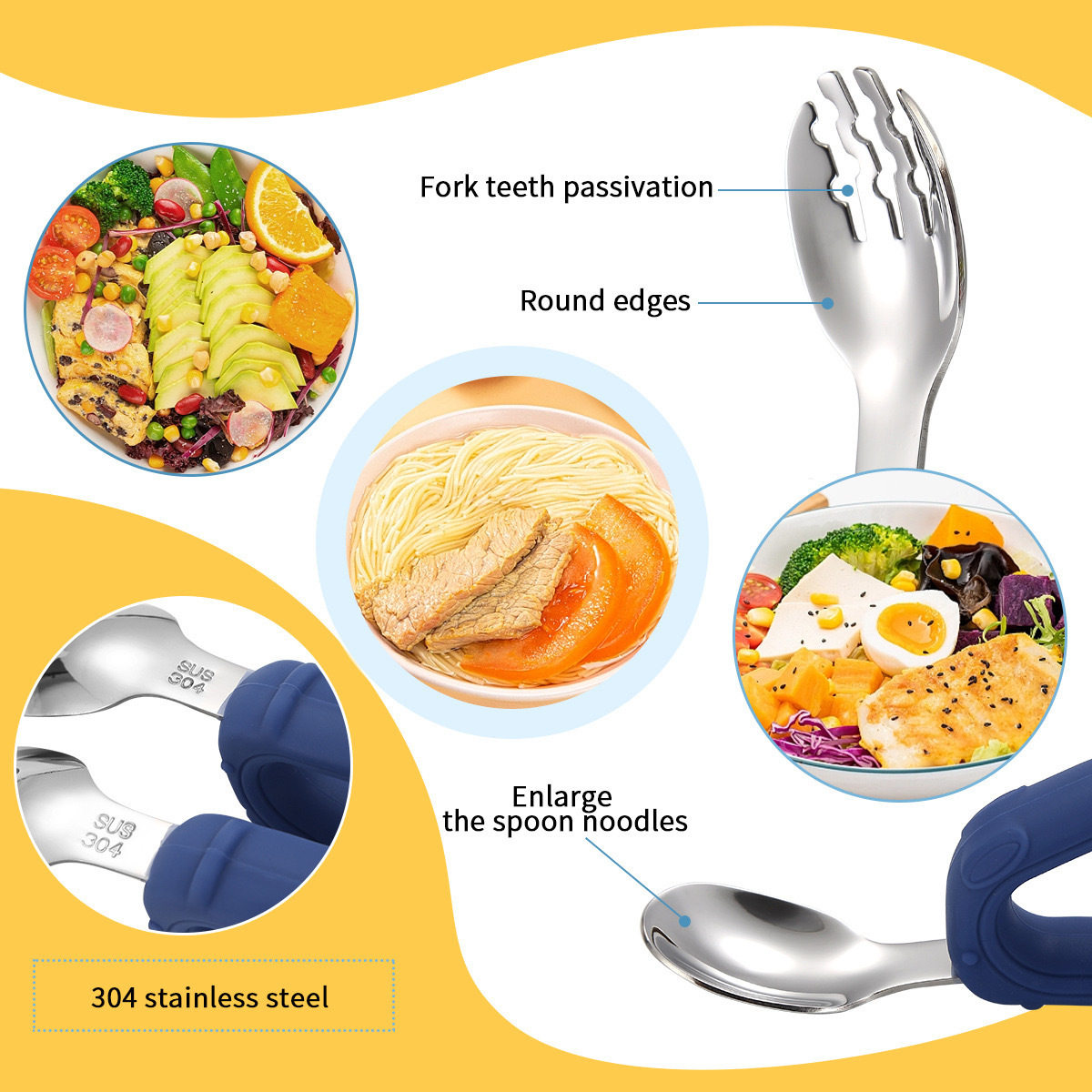 Baby Training Spoon 304 Stainless Steel Spoon and Fork Set Silicone Handle Household Food Supplement Spoon Portable Wholesale Tableware