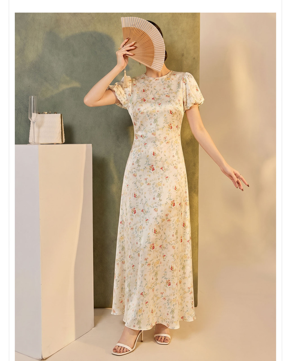 Đầm maxi nữ họa tiết hoa nhí cổ tròn tay phồng dáng chữ A thắt eo — Hoa nhí vàng
