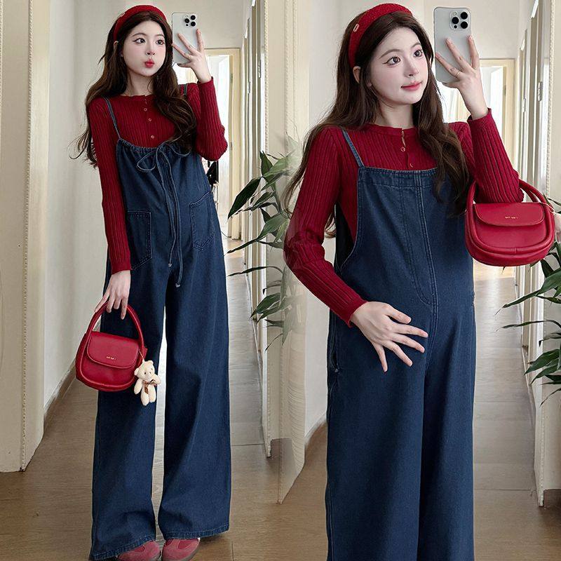 Unmun Maternity Overalls Spring and Autum New Retro Casual Front and Rear Two-Wear Wide-Leg Jeans Sweater Bottoming