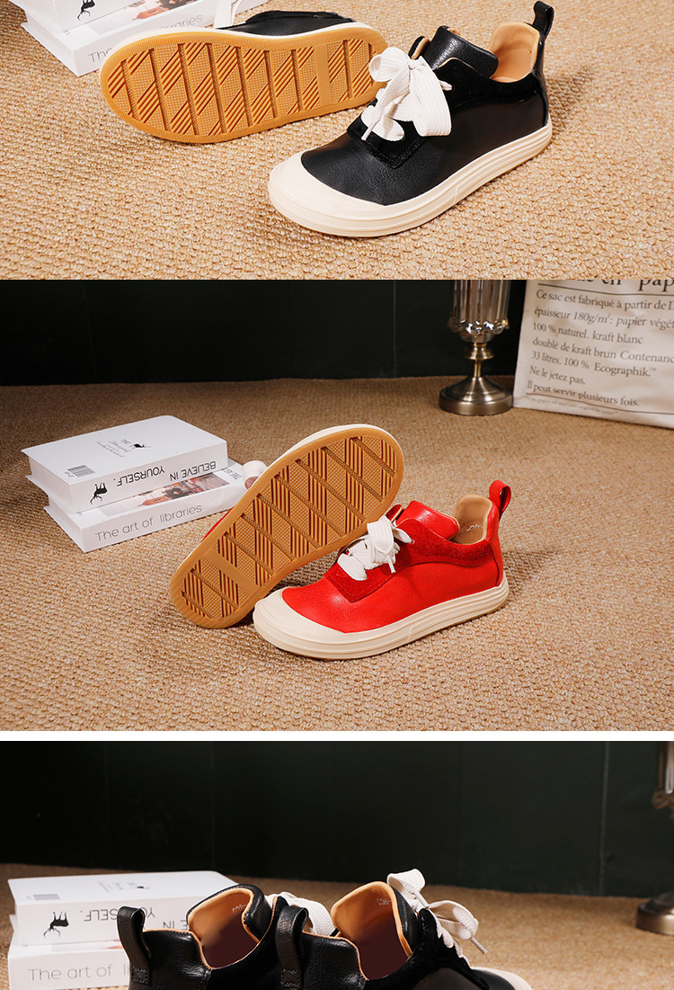 Giày sneaker nữ da bò thật đế bằng dáng thấp thoải mái — đen, màu đỏ