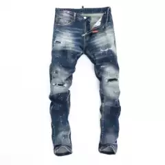2024 spring and autumn personalized stretch big broken personality Hong Kong style tight nightclub fashion ripped D2 Jeans men's pants Blue
