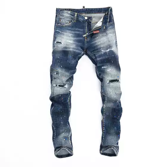 2024 spring and autumn personalized stretch big broken personality Hong Kong style tight nightclub fashion ripped D2 Jeans men's pants Blue