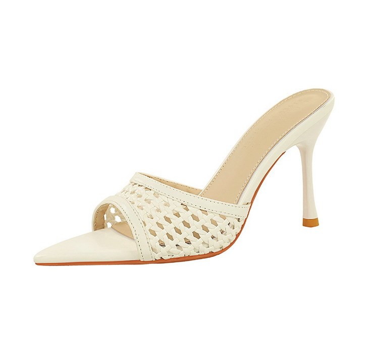 Sandal cao gót nữ mũi nhọn hở ngón quai dệt phối đồ thời trang — Màu bạc, Màu be, màu đen, Màu trắng