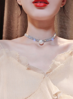 锁骨链女短款脖子饰品颈带项圈网红简约时尚个性珍珠闪钻ins项链