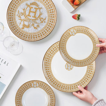 European-style Golden Mosaic Tableware Bone China Plate Hotel Household Meal Plate Western Steak Pancake Plate