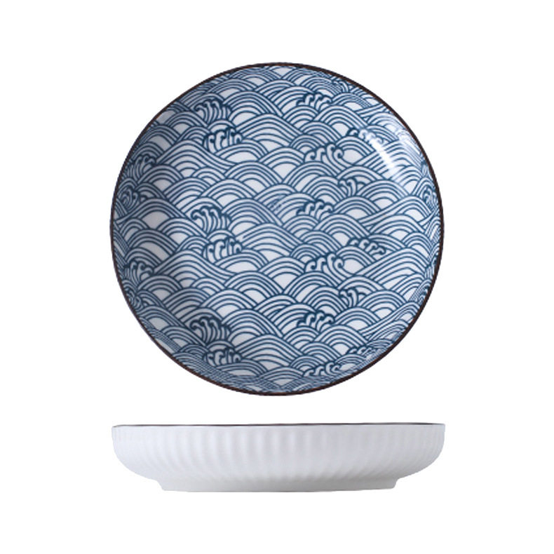 Factory direct supply wholesale 7 inch Japanese vertical grain deep plate disc household ceramic tableware multiple styles optional