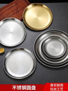 Korean Stainless Steel Round Plate Golden Tray Cafe Fruit Plate Home Retro Barbecue Plate Shallow Plate Spit Bone Plate