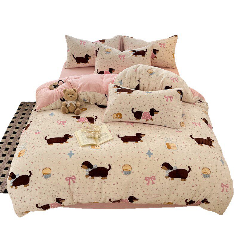 Fresh thickened milk velvet four-piece set Winter double-sided fleece-lined warm coral velvet quilt cover flannel three-piece set