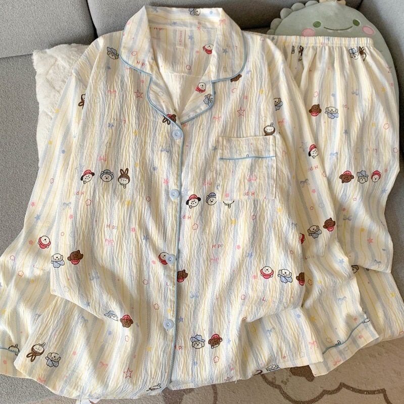 带胸垫大码睡衣女春秋季长袖甜美少女草莓条纹家居服套装现货跨境