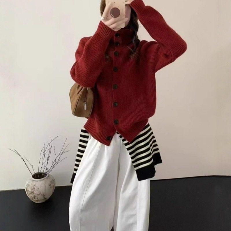 秋冬高领毛衣开衫外套女慵懒风宽松复古单排扣韩版针织衫外套上衣