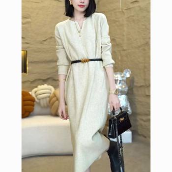 Free Belt Autumn and Winter New Wool Knitted Bottoming Sweater Dress Women's Loose Flesh-Covering Dress Lazy Knee-Length Dress