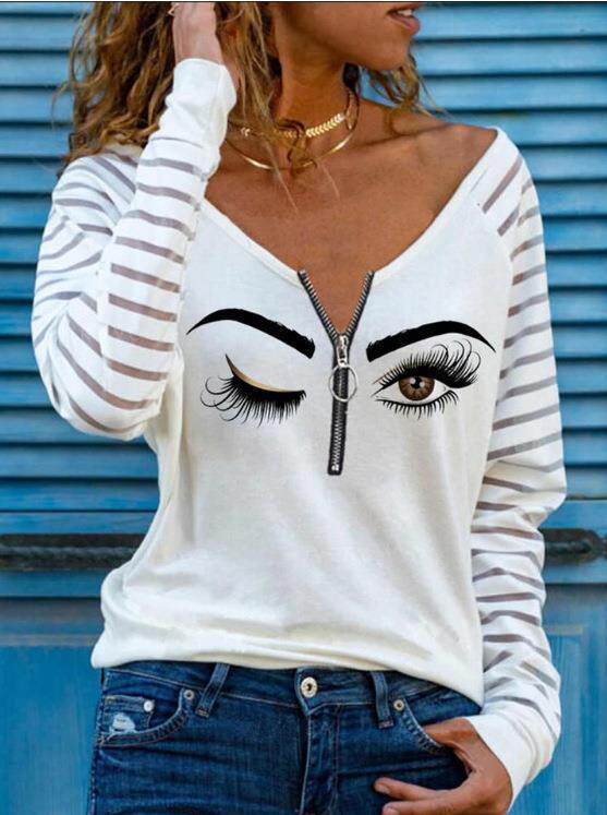 Long Sleeve V Neck T Shirt Eye Print Zipper Design Comfortable Fabric Casual Wear for Spring and Autumn Wholesale