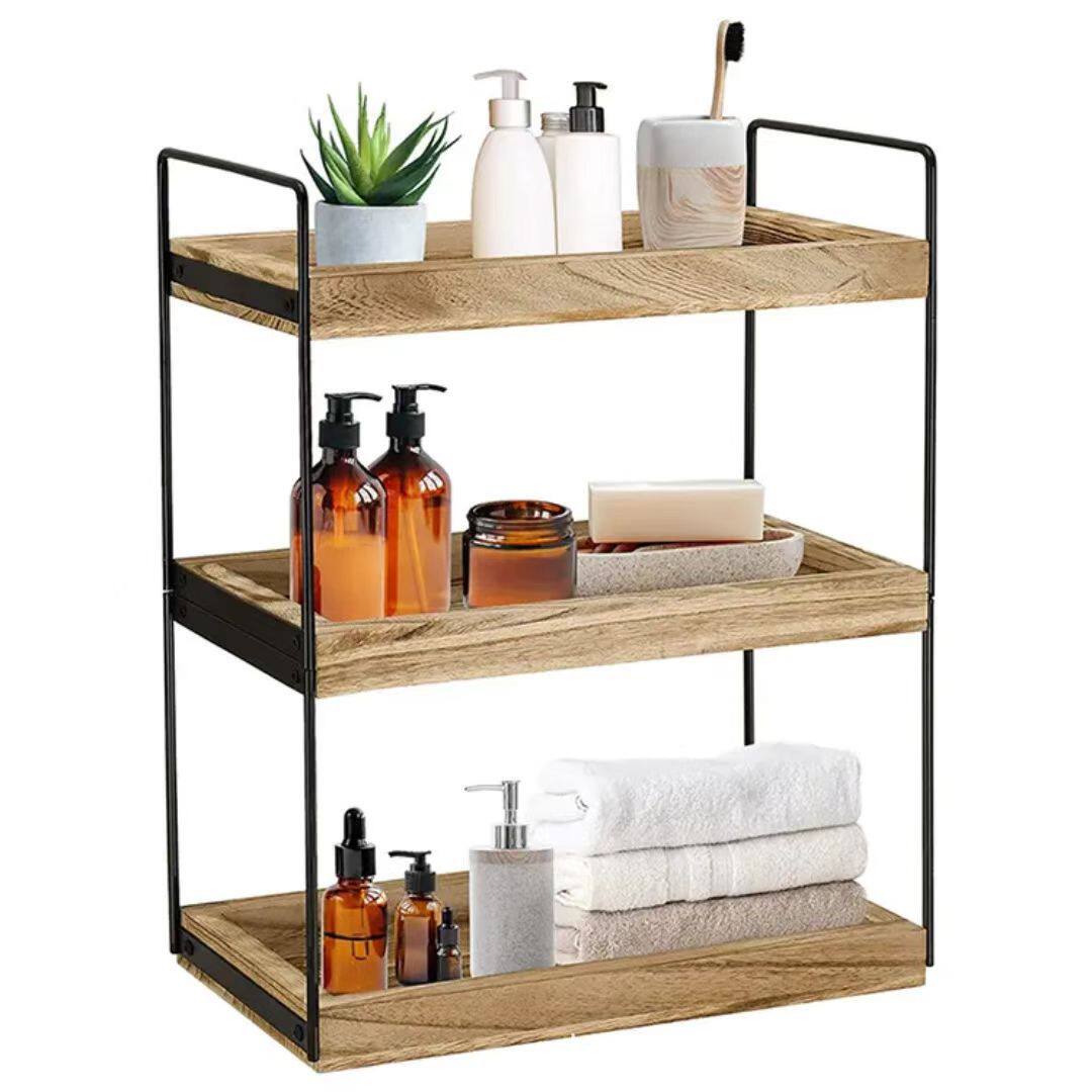 Wooden Desktop Three-Layer Storage Rack Iron Bathroom Household Multi-Purpose Kitchen Storage Rack Desktop Storage Storage Rack