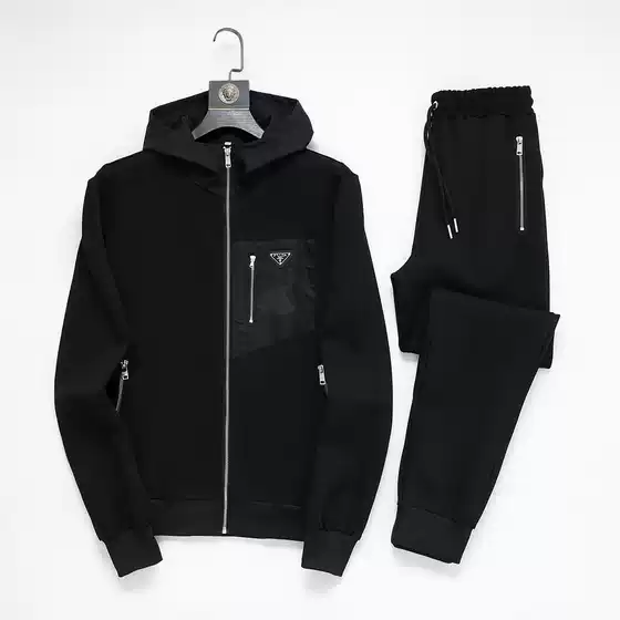 European Trendy Brand P Home Metal Triangle Logo Hooded Zipper Sweatshirt Sweatpants Sports Suit Casual Versatile High Version