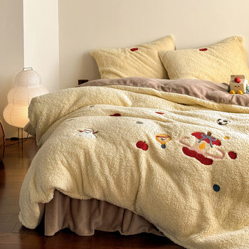 Winter Thickened Lamb Fleece Milk Velvet Four-Piece Set, Warm and Cozy Towel Embroidered Duvet Cover, Thermal Fleece Bedding Set