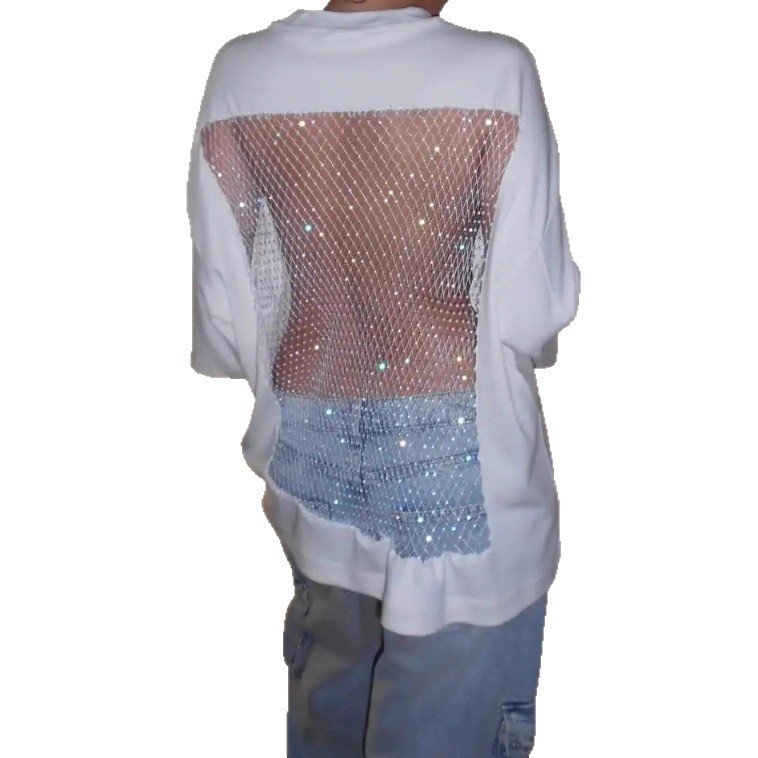 Womens Sheer Back Top Solid Color Round Neck Loose Fit Mid Sleeve Casual Wear for Spring Summer OEM Available