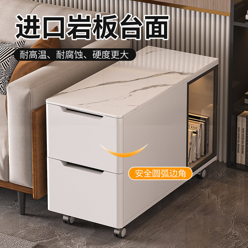 Movable Side Table Solid Wood Sofa Side Cabinet Side Cabinet Light Luxury High-End Slate Coffee Table Bedside Small Table Side Cabinet