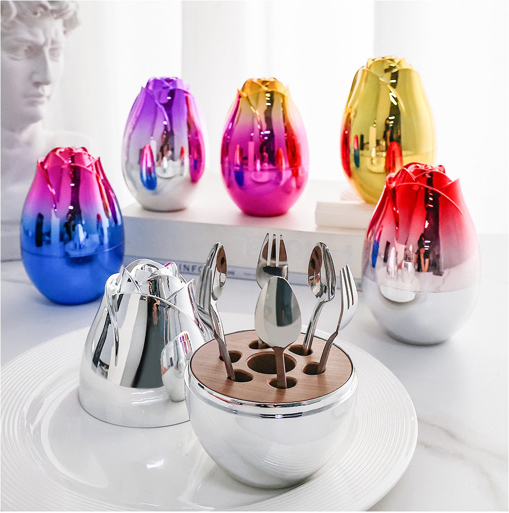 Cross-border creative mini high-looking rose mood egg stainless steel mixing spoon fruit fork tableware storage egg