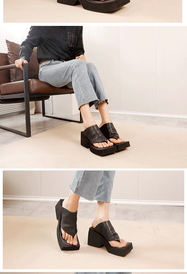 Dép xỏ ngón nữ da bò thật đế cao gót 8cm phong cách cổ điển — Màu đen
