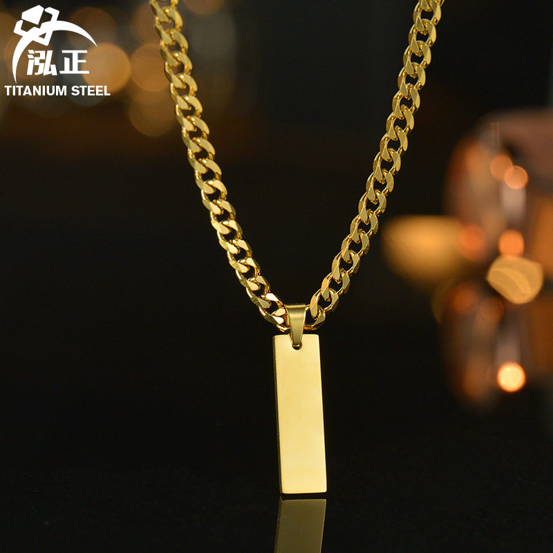 Men's Stainless Steel Long Engraved Necklace Hip-Hop Trendy Simple Glossy Vertical Bar Pendant Sweater Chain Jewelry Wholesale