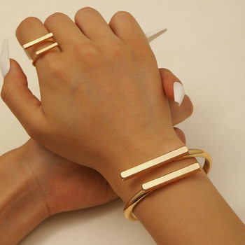 Cross-Border European and American Fashion Personalized Creative Alloy Geometric Square Opening Adjustable Women's Bracelet Ring Jewelry Set