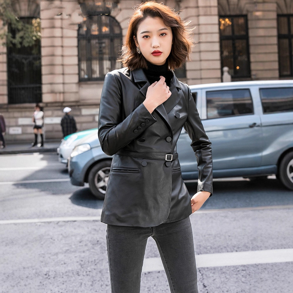 Áo khoác da cừu nữ dáng vest bó eo thanh lịch — Màu đen