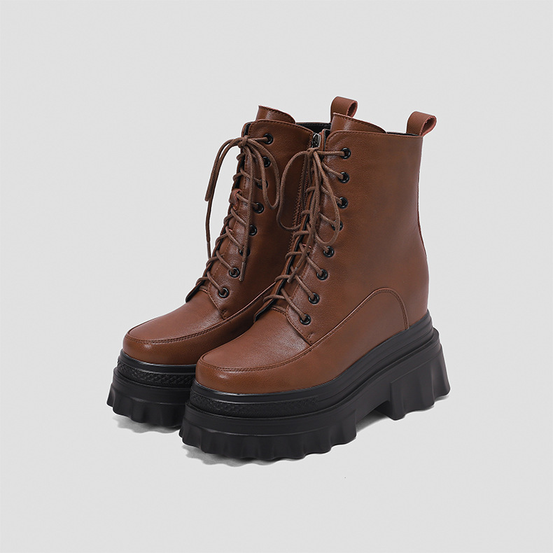 Boot Martin nữ đế dày tăng chiều cao 10cm, cổ thấp gót nêm da bò thật — Lớp lót đơn màu đen, Lớp lót đơn màu nâu sẫm, Lớp lót nhung đen, Lớp lót nhung màu nâu sẫm
