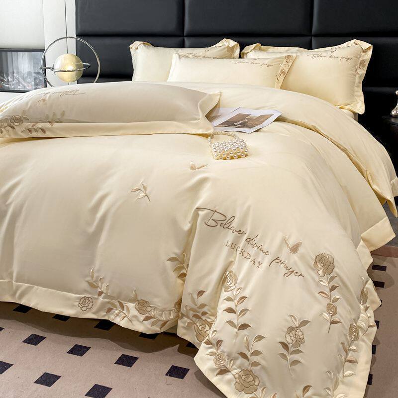 Light Luxury Style Washed Cotton Four-Piece Set, Simple Quilt Cover, Naked Sleeping Bed Sheetss, Three-Piece Set, Skin-Friendly Cotton Embroidered Bedding