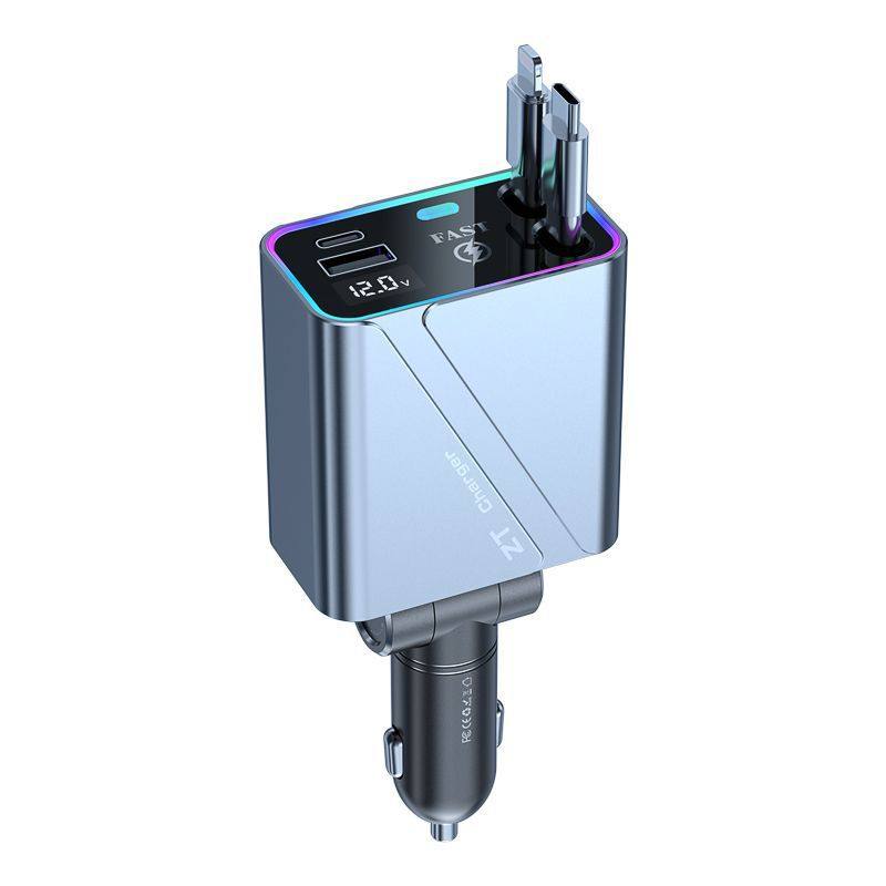 Cross-Border Car Charger Retractable Cable Super Fast Charging Apple One to Two Cigarette Lighter W Suitable for Huawei Xiaomi Typ