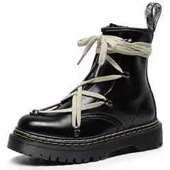 Double Line High-top RO Cross Strap Martin Boots Women's Distinctive Ankle Boots Side Zipper Leather Boots Round Toe Motorcycle Shoes