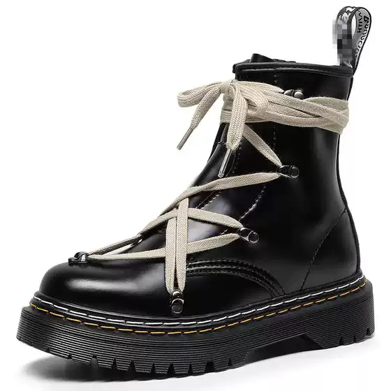 Double Line High-top RO Cross Strap Martin Boots Women's Distinctive Ankle Boots Side Zipper Leather Boots Round Toe Motorcycle Shoes