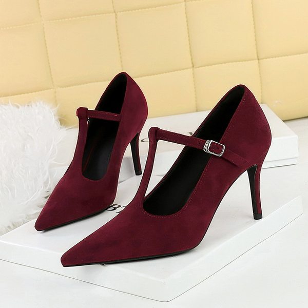 Giày Cao Gót Nữ Mũi Nhọn Quai Chữ T Nỉ Chiều Cao Đế Khoảng 7cm Màu Đen, Đỏ Rượu