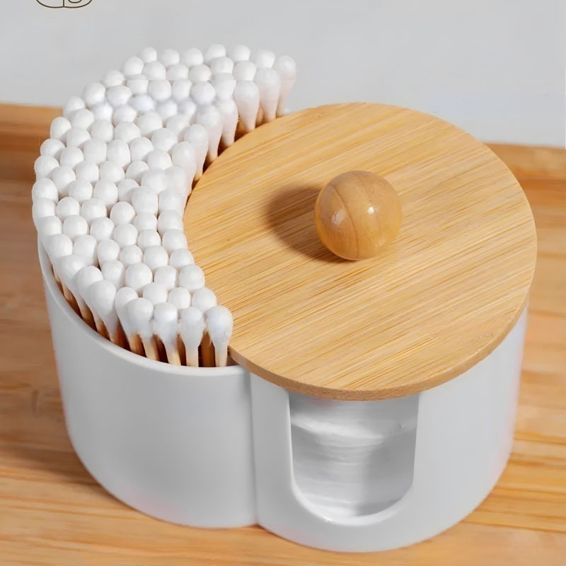 Two-in-one one bamboo cover cotton stick box makeup remover cotton storage box desktop cosmetic cotton storage box double hole round storage