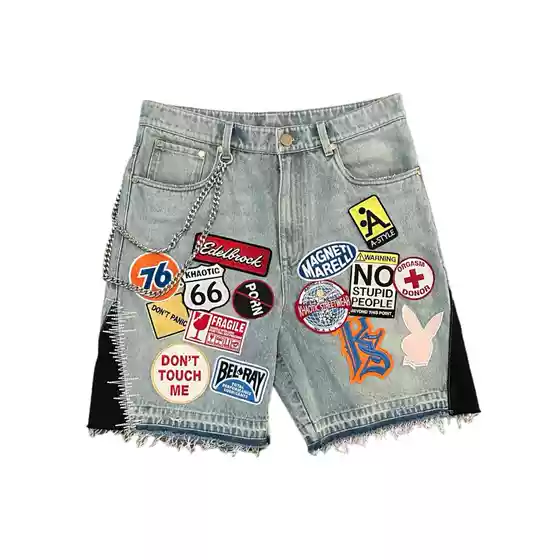 New 2024 Youth Trend Personality Design Sense Fashion Embroidered Tapered Embroidered Shorts Waste Earth Wind High Street Shorts