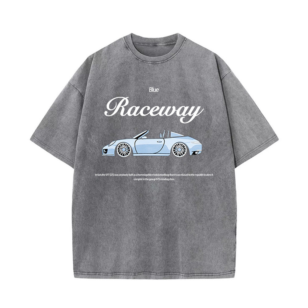 Loose Fit European Style Car Print Short Sleeve T Shirt for Women Summer Wash Effect Vintage Design Casual Top
