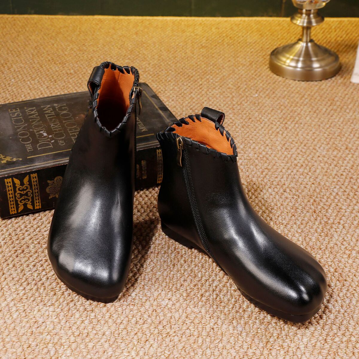 Boot nữ da bò thật cổ thấp gót bằng khoá kéo bên hông — màu đen, màu nâu